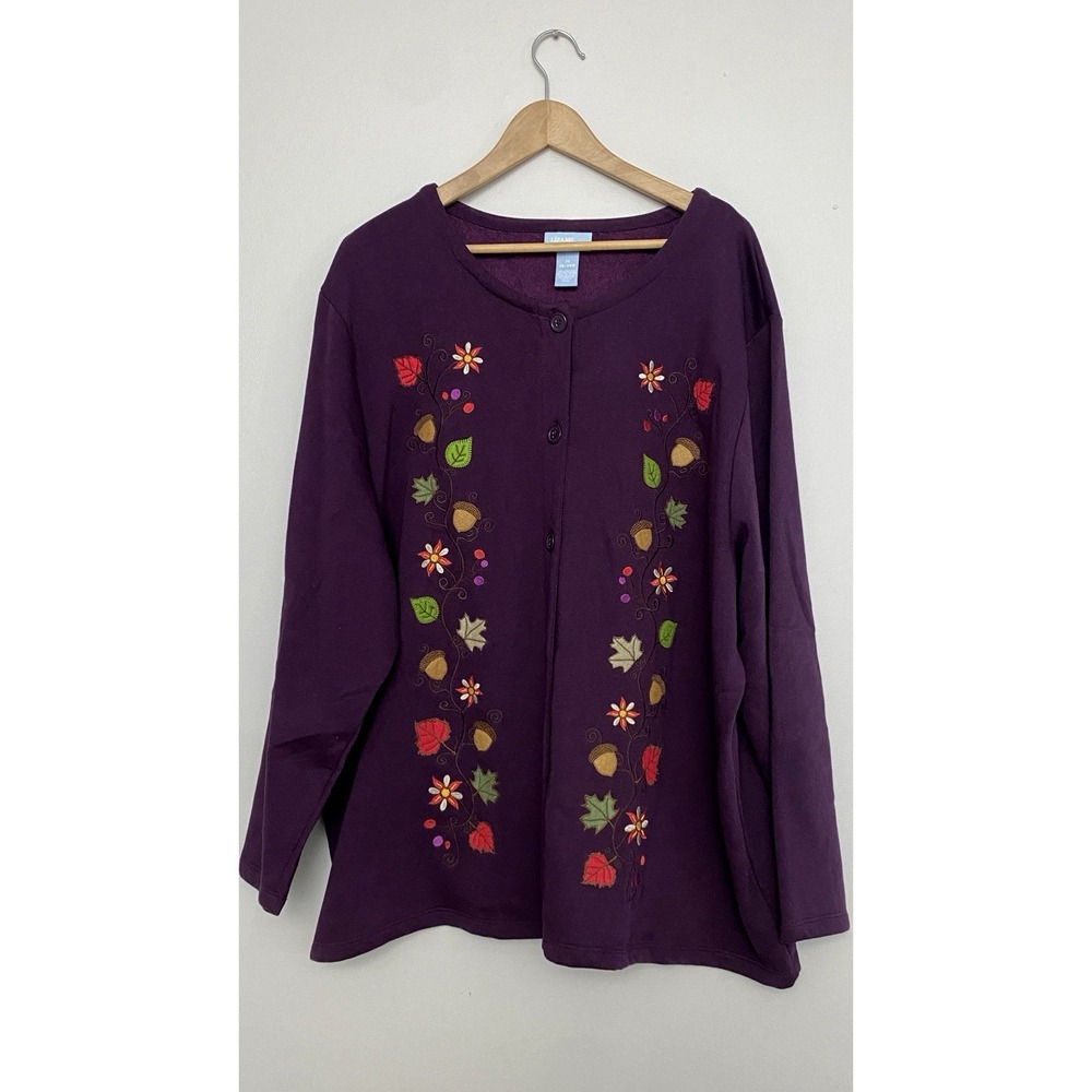 Liz & Me Fall Sweatshirt Top Size 3X (26W/28W) Plum Button Up Patch Embroidery